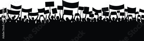 Crowd protest silhouette with people holding flags and banners, demonstration rally concept, social movement activism illustration isolated for political protest and public protest design