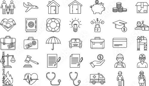 Finance healthcare law education business icons illustration, piggy bank airplane house credit card medical symbols, modern infographic design artwork
