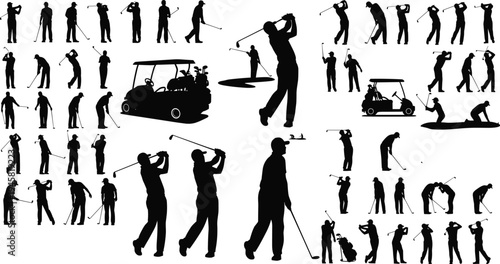 Golf sport silhouettes illustration, players swinging clubs putting standing poses, golf cart artwork design, competitive game concept, modern athletic graphic style
