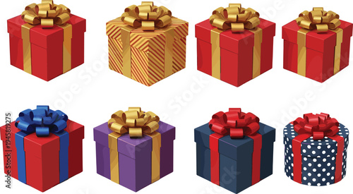 Colorful Gift Box Collection with Ribbon and Bow for Birthday, Christmas and Celebration Present Illustration Set