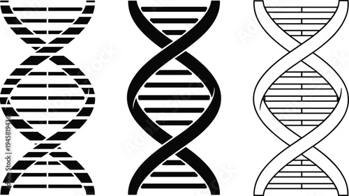 DNA double helix icons set with genetic strand symbols for biology, science research, genetics study, biotechnology and medical laboratory vector.