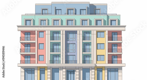 Architectural Illustration of a Colorful Apartment Building with Balconies and Windows