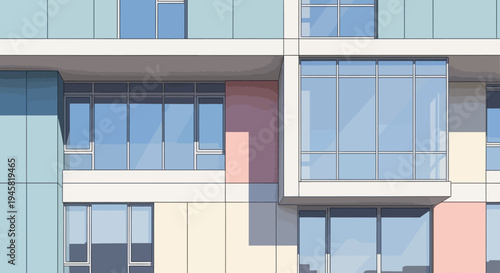 Architectural Illustration of a Modern Building Facade with Large Windows and Geometric Design