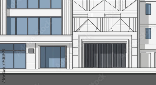 Architectural Illustration of Modern Building Facade with Geometric Design and Large Windows