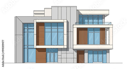 Architectural Illustration of Modern Home Design, Vector Style, Exterior Facade View