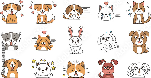 Cute cartoon pet emotions set with dogs, cats and rabbit showing happy, sad, angry and funny expressions, adorable animal emoji characters