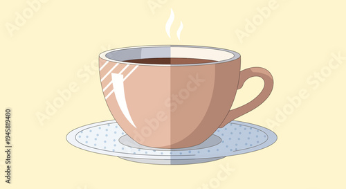 Aesthetic illustration of a steaming coffee cup on a saucer, minimalist background