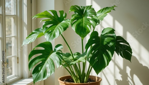 Large Green Monstera Plant with Lush Leaves in Sunshine Near Window in Modern Indoor Setting