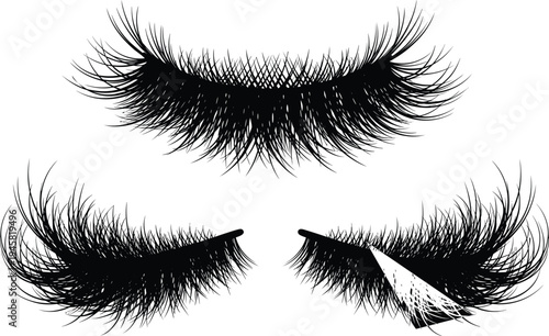  Dramatic false eyelashes vector illustration, fluffy strip lash makeup accessory isolated on white background, beauty cosmetic design element for lash extension branding, salon advertising, and makeu