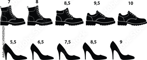 Footwear size chart with men boots and women high heel silhouettes, shoe measurement guide for fashion retail, fitting and footwear sizing