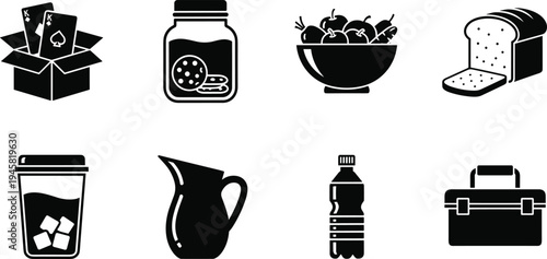 Food and drink icons set with bread, fruit bowl, coffee cup, cookie jar, water bottle and lunch box vector silhouette collection