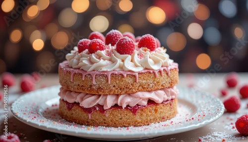Delicious Layered Raspberry Cake with Cream Frosting on a Decorative Plate in a Festive Setting