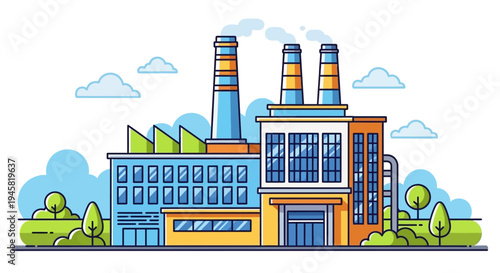 Colorful illustration of a factory emitting smoke, depicted in a flat design style