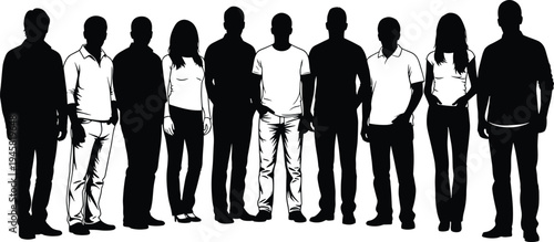 Group of people silhouettes standing together, diverse men and women team crowd isolated vector illustration for community, teamwork, society and business concept