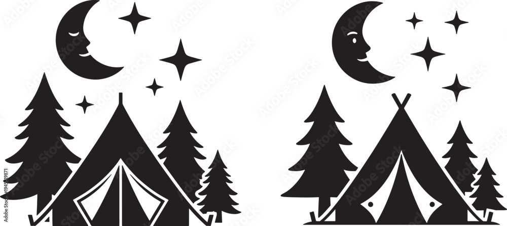 Obraz premium Camping tents under starry night sky with crescent moon