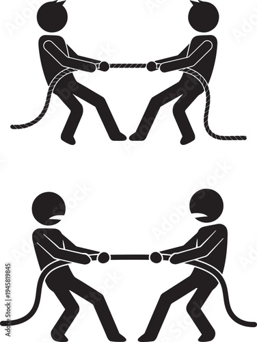 Two pairs of silhouetted figures engaged in tug of war