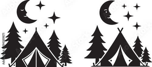 Camping tents under starry night sky with crescent moon