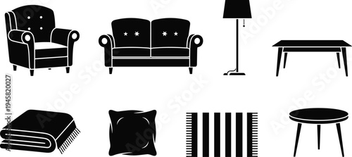 Home furniture icons set with sofa, armchair, lamp, table, pillow and carpet for interior design, living room decoration vector