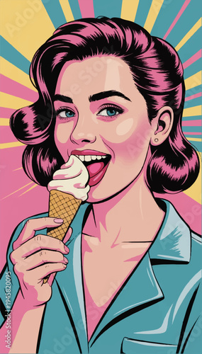 Hilarious vector illustration cute young girl eating vanilla ice cream. A vivid representation of contemporary pop art.