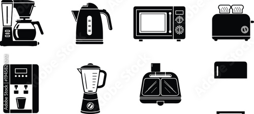 Kitchen appliance icons set with coffee maker, kettle, microwave, toaster, blender and coffee machine silhouettes for home cooking equipment vector collection