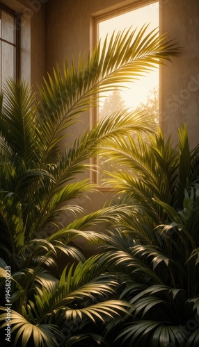 Lush Green Tropical Plants Illuminated by Soft Sunlight Through Window in Cozy Indoor Space