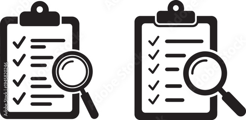 Clipboard checklist with magnifying glass icons for inspection and verification