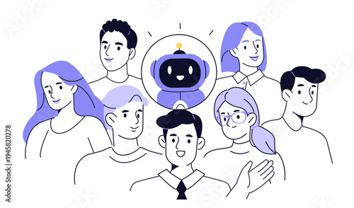 Office team working together with intelligent ai agent. AI powered teamwork concept. Vector illustration.
