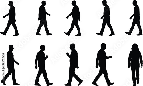 silhouettes, people, walking, human, walk, cycle, side, view, male, female, pedestrian, motion, step, stride, sequence, black, isolated, white, background, collection