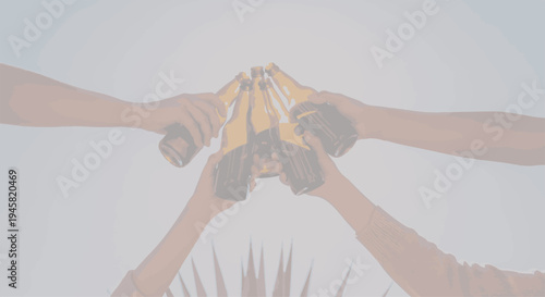 Cheers to Friendship Hands Raising Bottles in a Celebration Toast Against a Bright, Uplifting Background