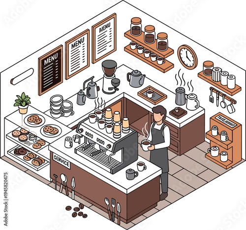 Isometric coffee shop interior with barista preparing espresso machine menu counter bakery display and cafe equipment vector illustration