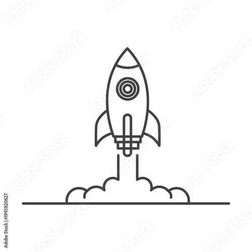 Rocket launch icon with smoke trails and booster exhaust from liftoff for space travel and exploration technology symbol