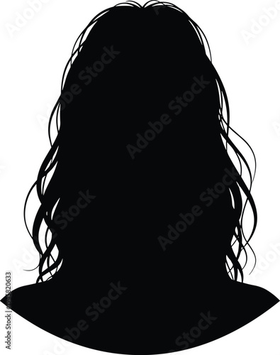Female silhouette portrait, long wavy hair profile avatar, anonymous woman icon, black shadow headshot, minimalist isolated figure illustration, studio style