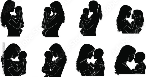 Mother Holding Baby Silhouette Set Showing Loving Mom Hugging Infant Child with Tender Maternal Care and Affection