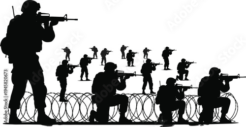 Military soldiers silhouette with rifles in combat formation vector illustration, army tactical operation scene isolated on white background for defense, security, battlefield, and war concept