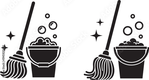 Cleaning supplies icon set with brooms and buckets