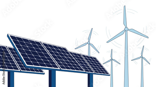 Renewable Energy Concept Illustration Featuring Solar Panels and Wind Turbines for Sustainable Power Generation and Clean Green Technology