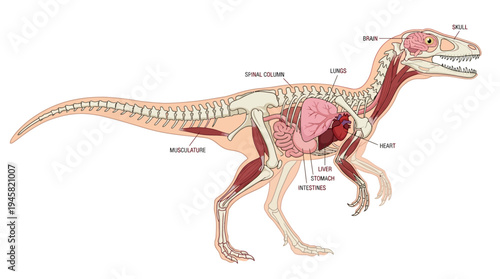 Detailed Anatomy of a Raptor Dinosaur Showing Internal Organs, Skeleton and Musculature Diagram - Educational Science Illustration