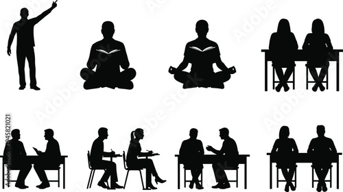 People Reading, Meditating and Meeting at Table Silhouette Set Showing Study, Discussion and Relaxation Activities Isolated Illustration