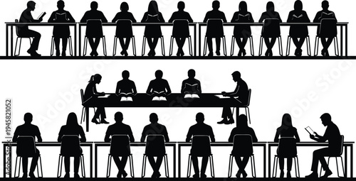 Students reading books in classroom silhouettes, group study and education learning concept, academic discussion illustration isolated background
