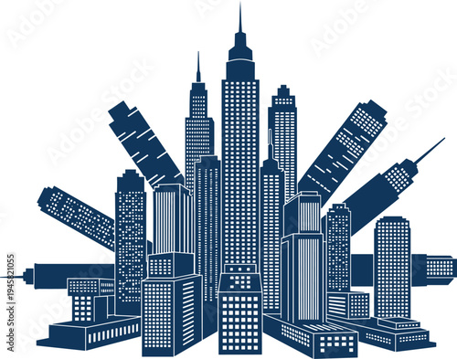 Modern city skyline vector illustration with skyscrapers and urban buildings, metropolitan architecture silhouette isolated on white background, downtown cityscape design for real estate, travel, and 