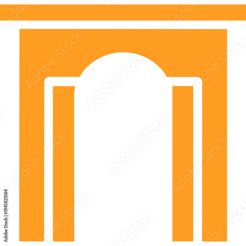 An orange graphic illustration of an archway with rectangular pillars and a horizontal bar on top.