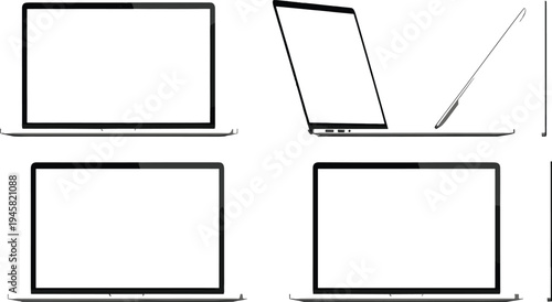 Modern laptop computer mockup set with front, side and perspective views, blank screen notebook device outline vector illustration isolated for technology presentation