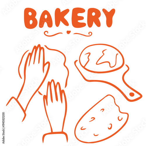 Bakery hand drawn doodle with kneading dough hands bread and cutting board illustration