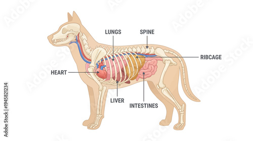Dog Anatomy Diagram: Canine Internal Organs and Skeletal System Illustration with Labels for Heart, Lungs, Spine, Liver, and Intestines for Veterinary Education