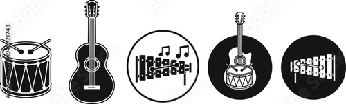 Music instrument icon set featuring drum, guitar and xylophone silhouettes, band and orchestra sound symbols for musical design and audio themes