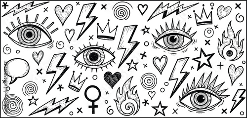 Hand drawn mystical doodle set featuring evil eyes, lightning bolts, fire, crowns, and hearts in a trendy urban streetwear graffiti style