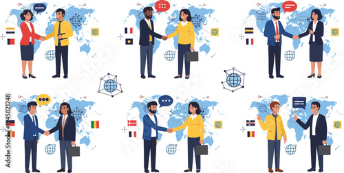 International business partnership concept with global communication handshake world map and multicultural corporate collaboration vector illustration set