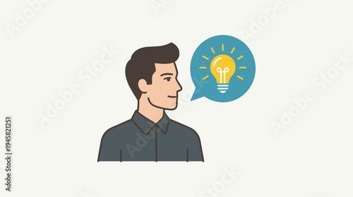 Man Thinking with Idea Lightbulb in Speech Bubble - Flat Vector Illustration for Creativity, Innovation, and Problem Solving