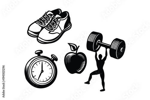dumbbell and weights, Gym Training Elements Vector Set Shoes Dumbbell Stopwatch and Athlete apple.