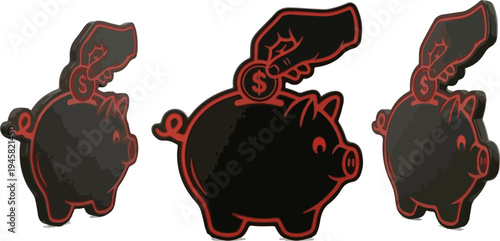 Piggy Bank Saving Money Black Red Silhouette Vector